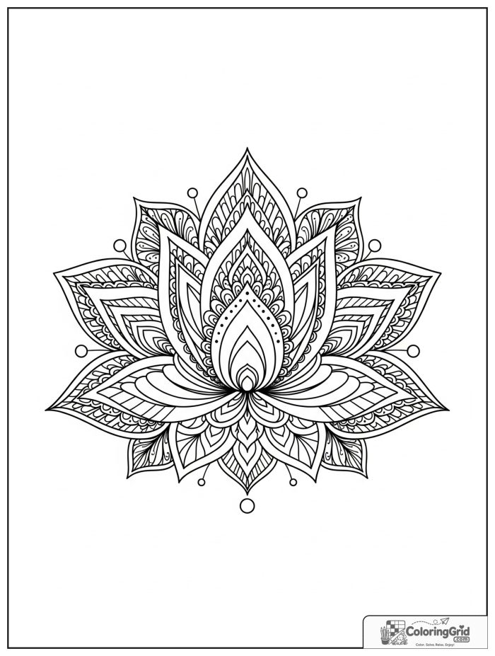 Relaxing lotus lace mandala with elongated petals and bead dots.