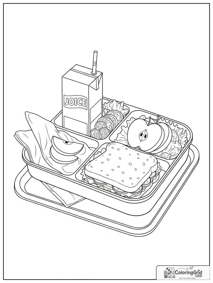 Back to school coloring page featuring a lunchbox with snacks.