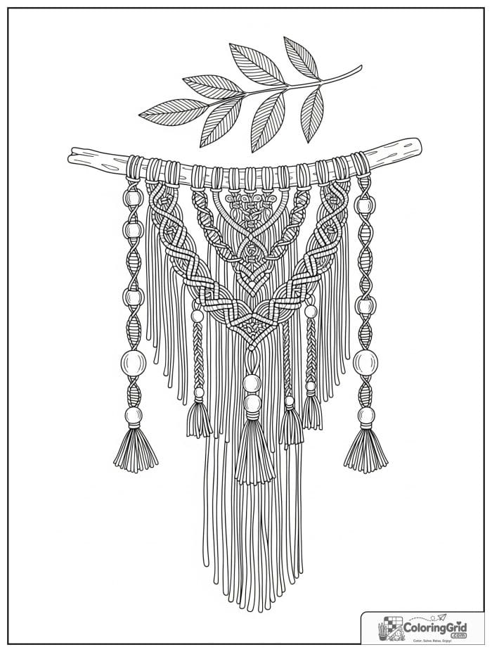 Boho coloring page featuring a macrame wall hanging.