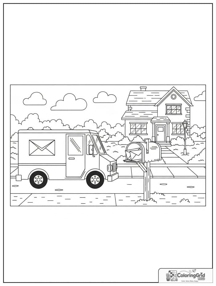 Truck coloring page featuring a mail delivery truck near a mailbox.