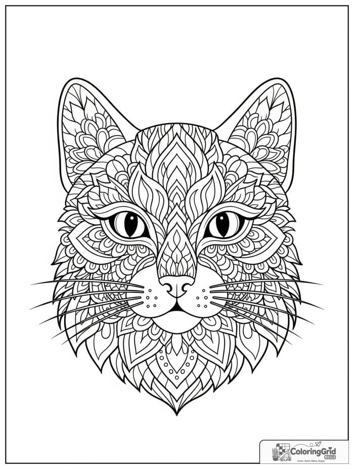 Mandala coloring page featuring a cat face design.