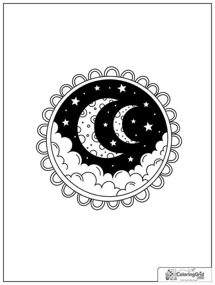 Relaxing cozy night mandala with moon forms and stars.