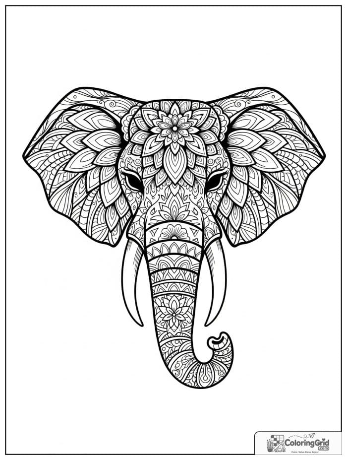 Mandala coloring page featuring an elephant head mandala.