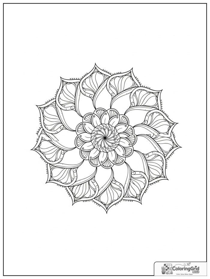Relaxing spiral mandala with petal rings and dotted halos.