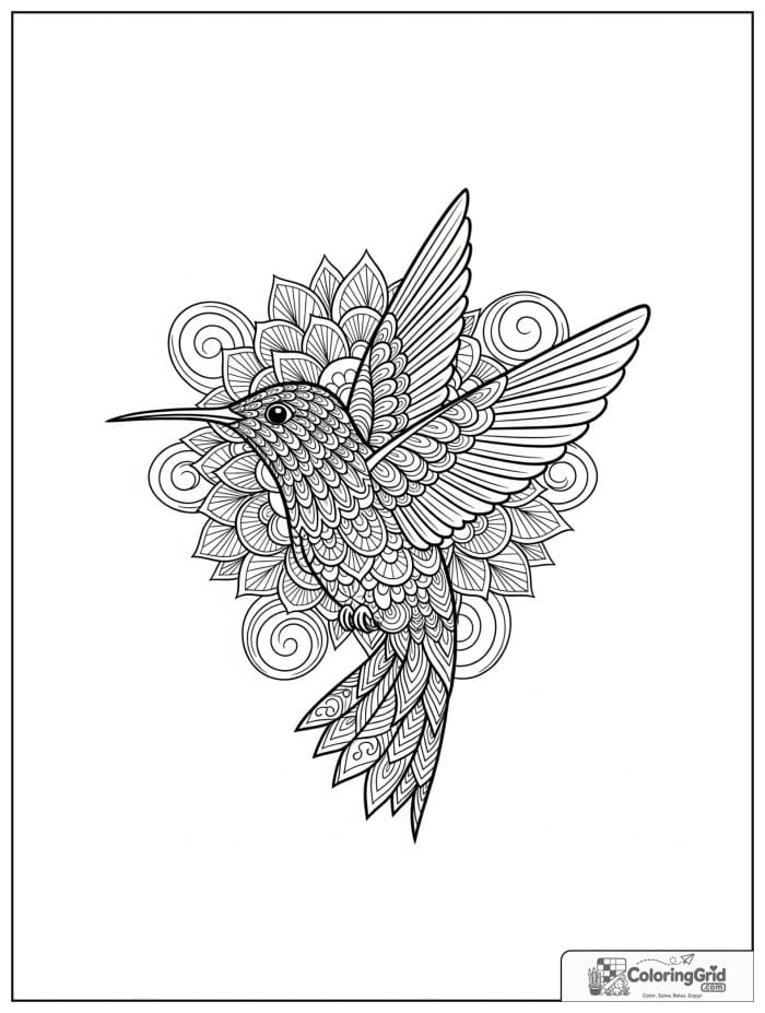 Mandala coloring page featuring a hummingbird and floral motifs.