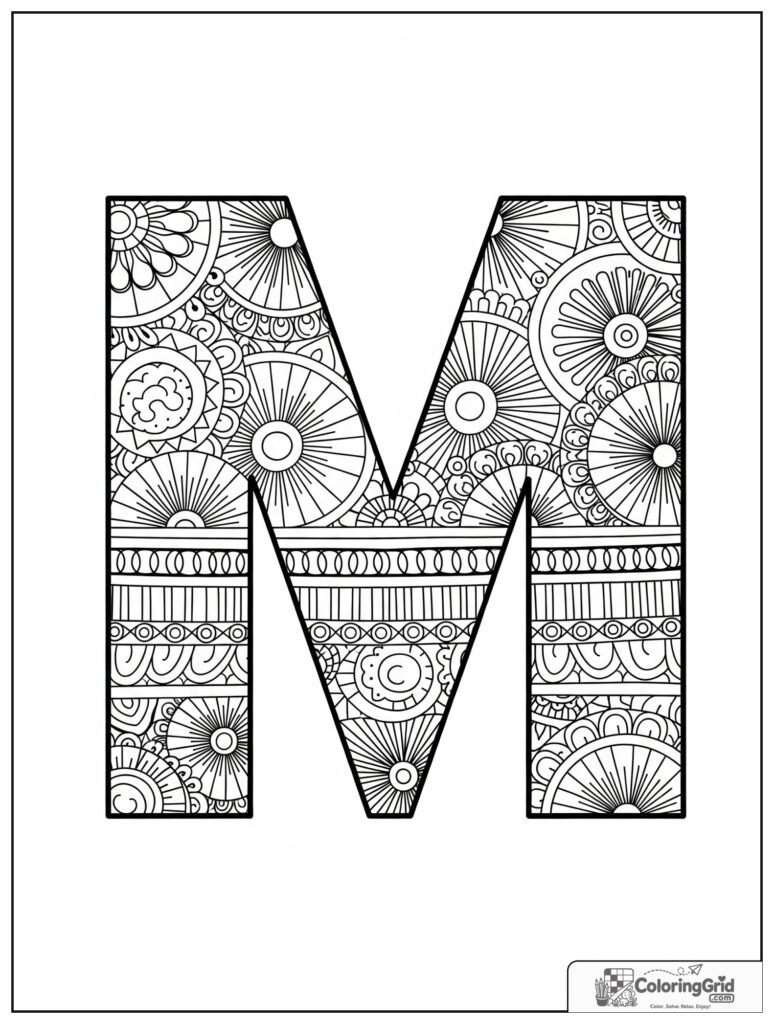 Mandala letter M adult alphabet coloring design with symmetrical petals