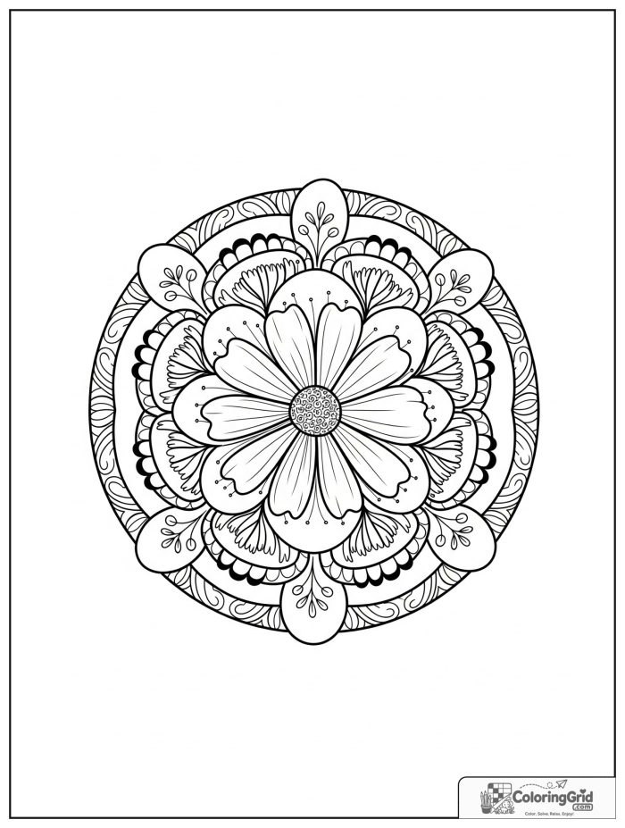 Relaxing meadow flower mandala with leaf loops and border bands.