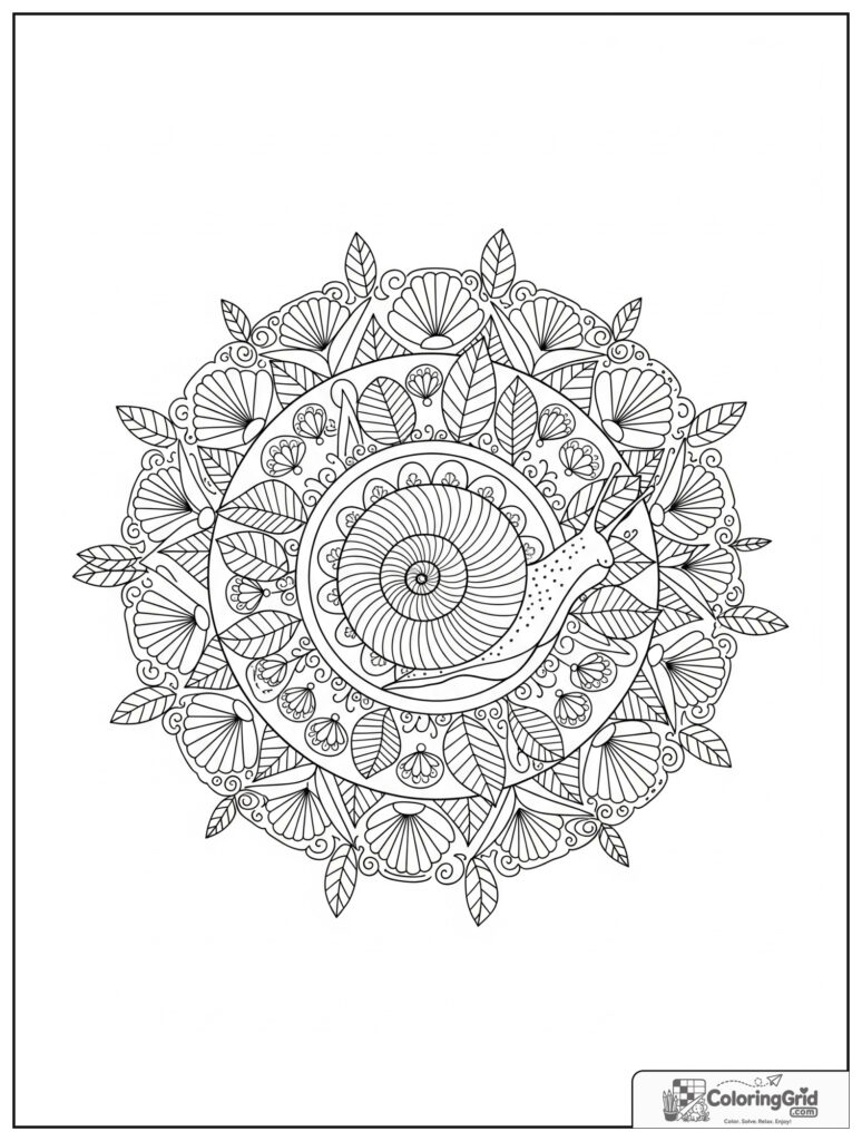 Patience snail mindfulness mandala with spiral shell and zentangle patterns