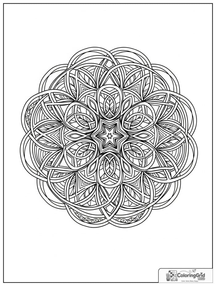 Mandala coloring page featuring sacred geometry.