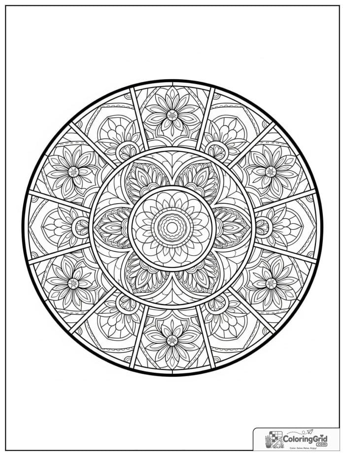 Mandala coloring page featuring a stained glass style design.