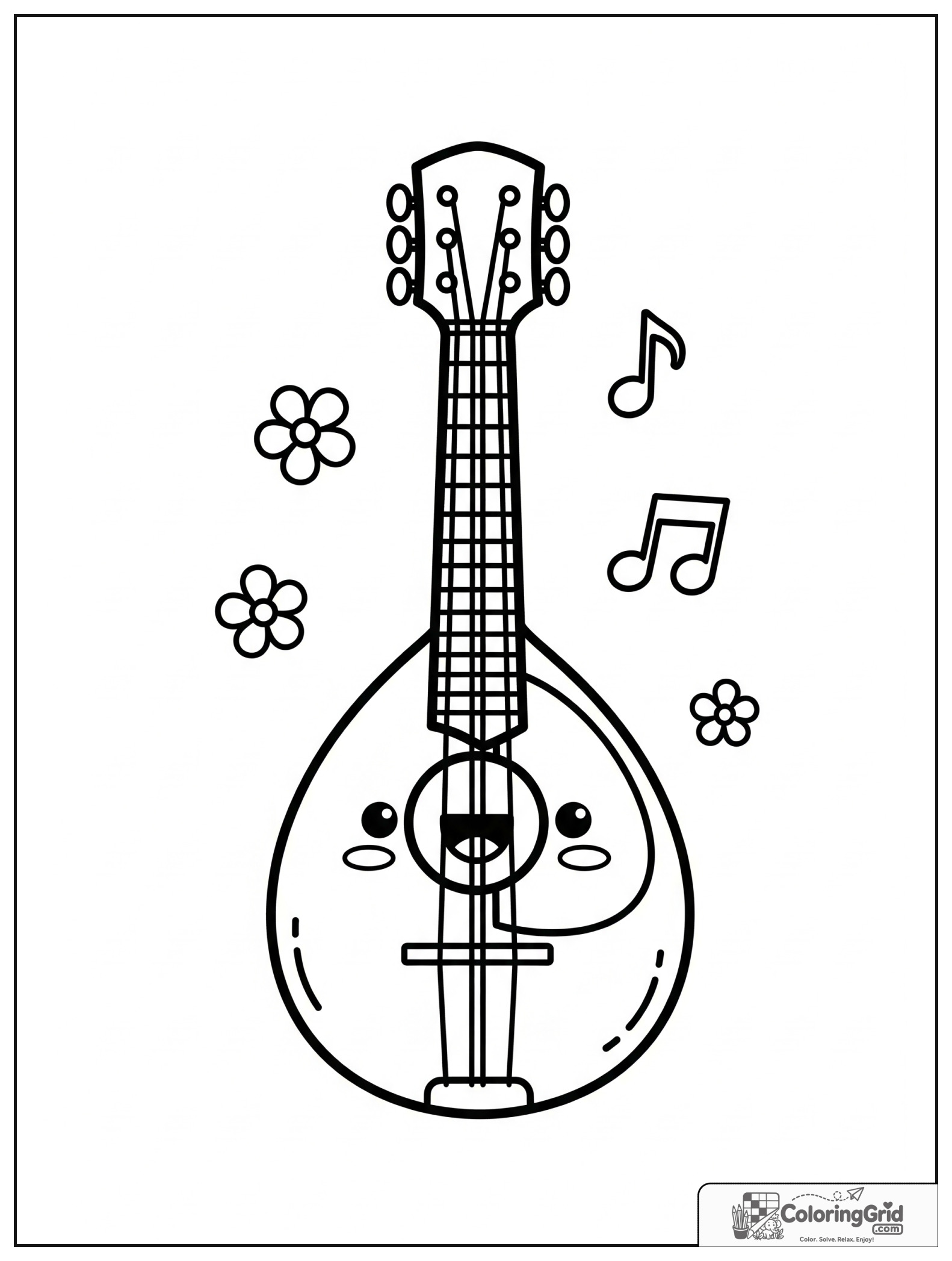Cute smiling mandolin with small flower and music note decorations.