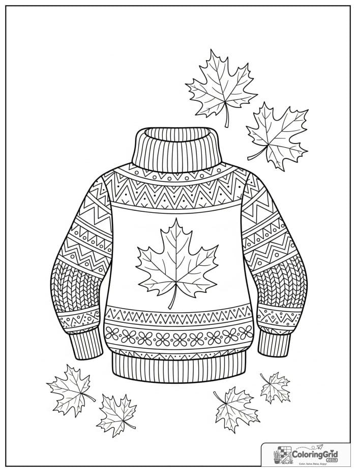 Autumn Leaves Coloring Pages showing a sweater with a maple leaf design.