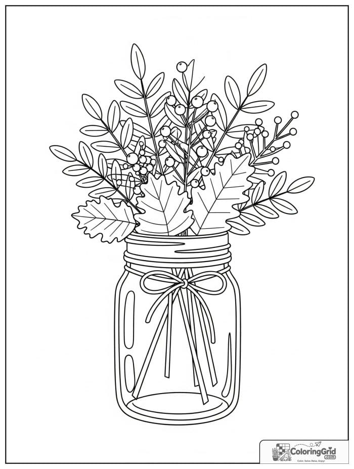 Autumn Leaves Coloring Pages featuring a maple leaf bouquet in a jar.