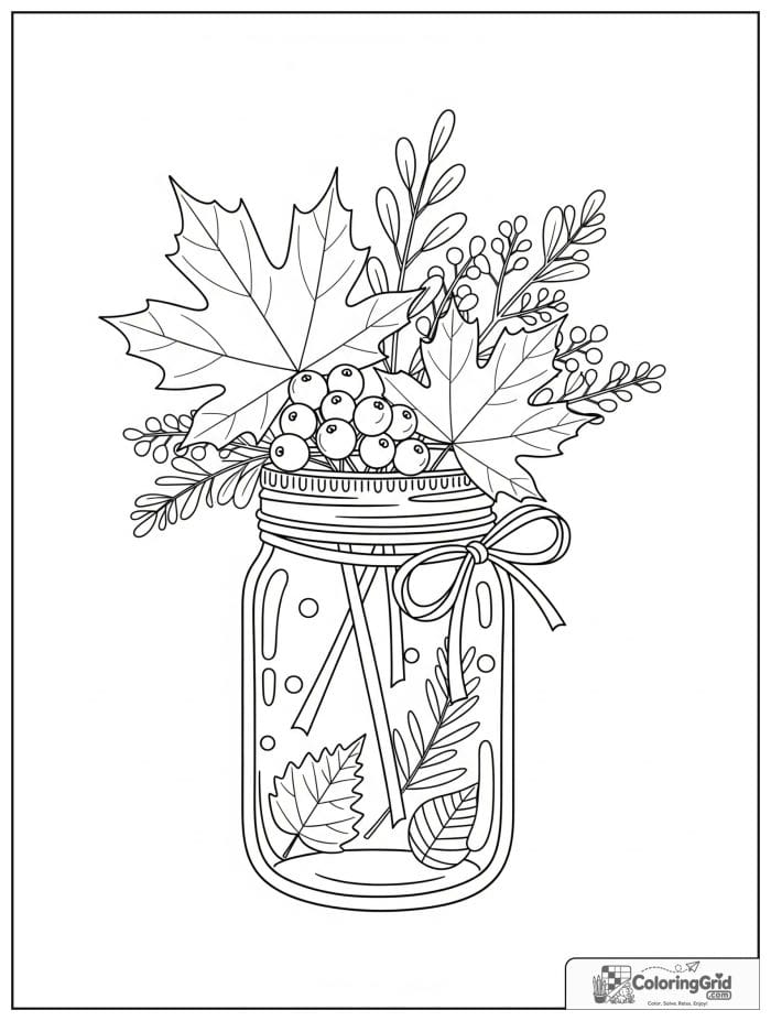 Fall Coloring Pages featuring a maple leaf bouquet in a jar.