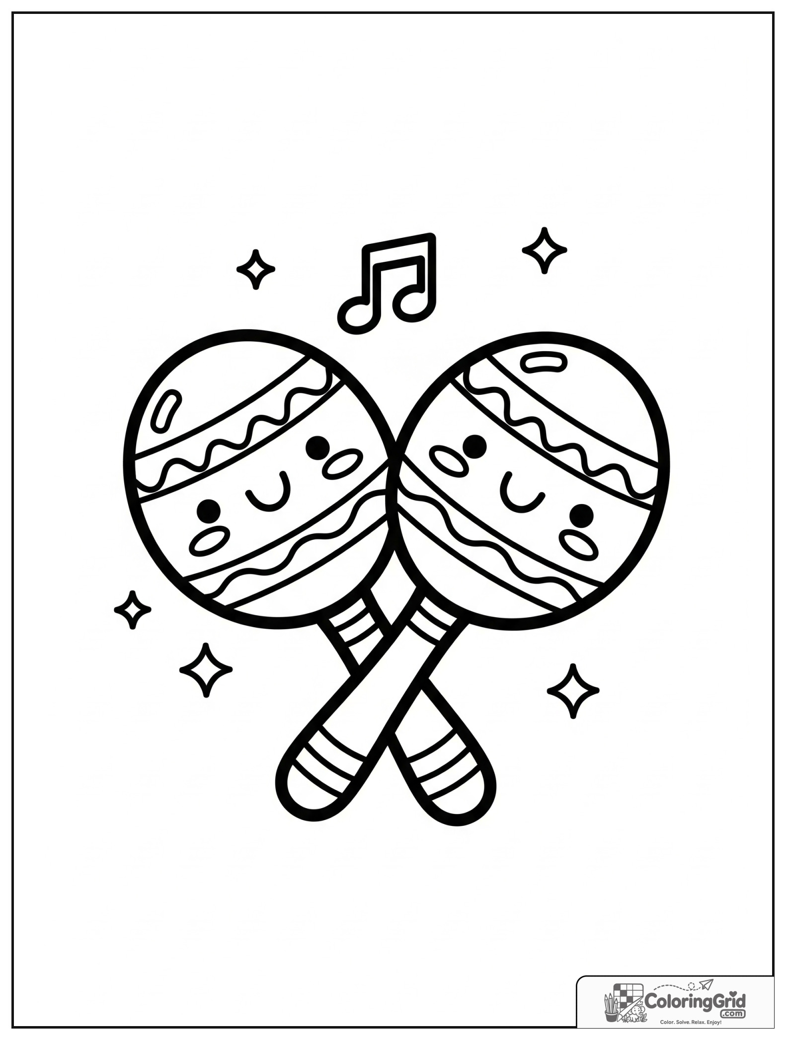 Cute smiling maracas with small music note and sparkle decorations.