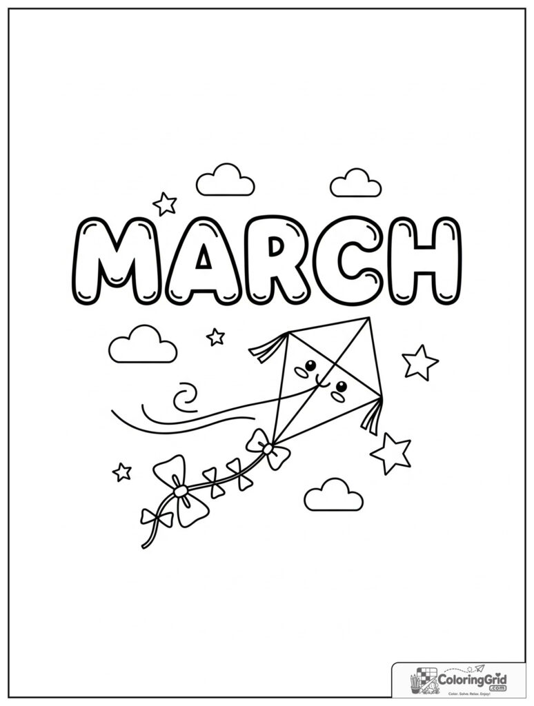 Cute March kite with small cloud and star decorations.