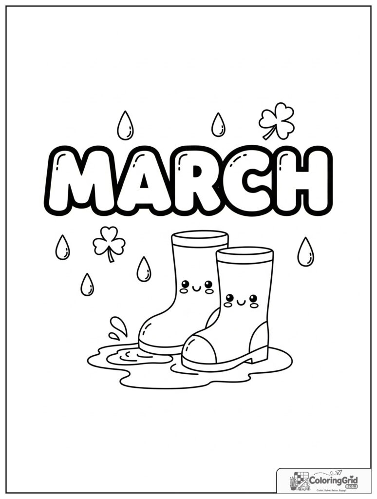 Cute March rain boots with small raindrop and shamrock decorations.