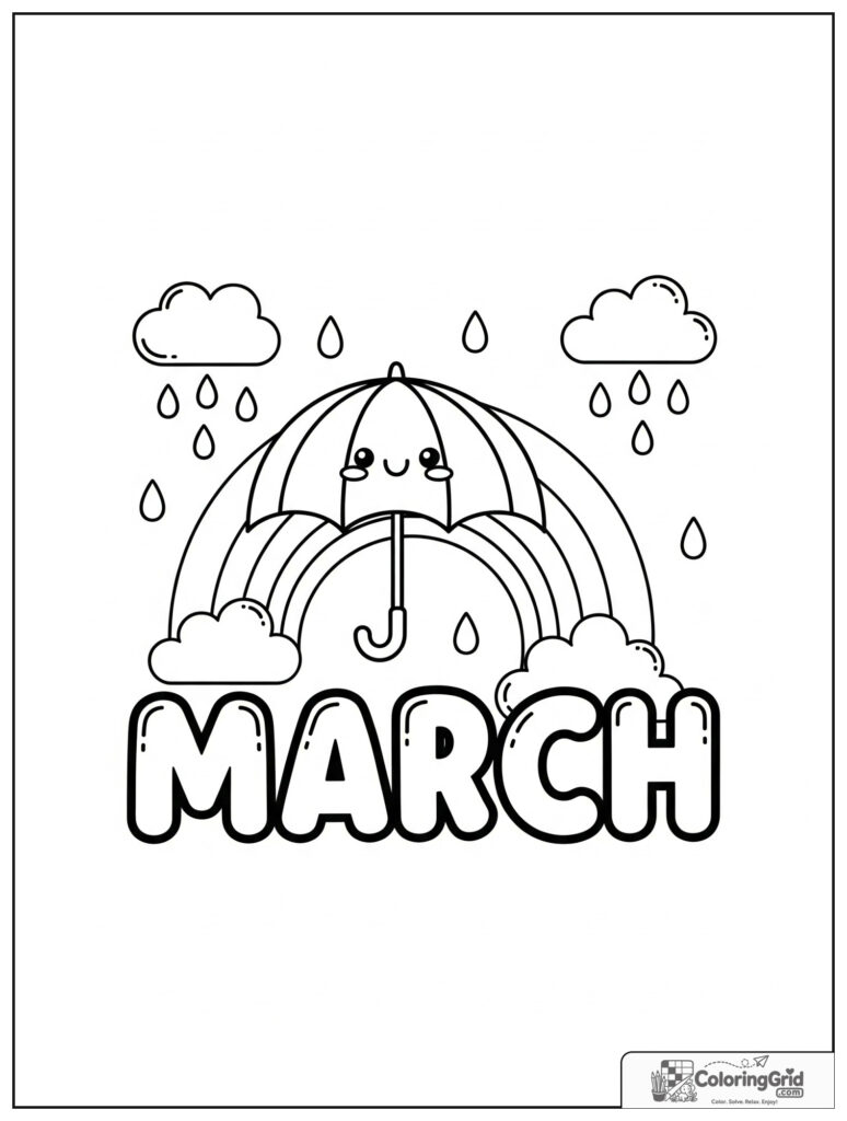 Cute March umbrella and rainbow with small raindrop decorations.