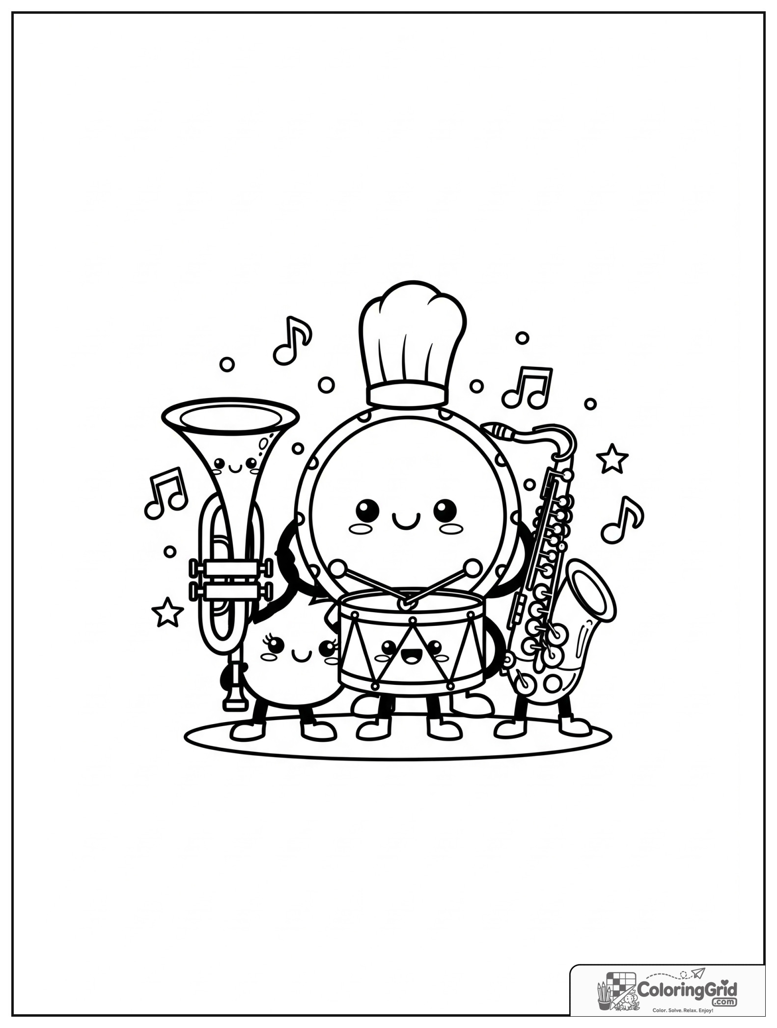 Cute marching band instruments group with small star and music note decorations.