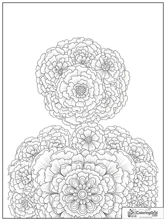 Flower mandala with ruffled marigold petals and rounded bands.