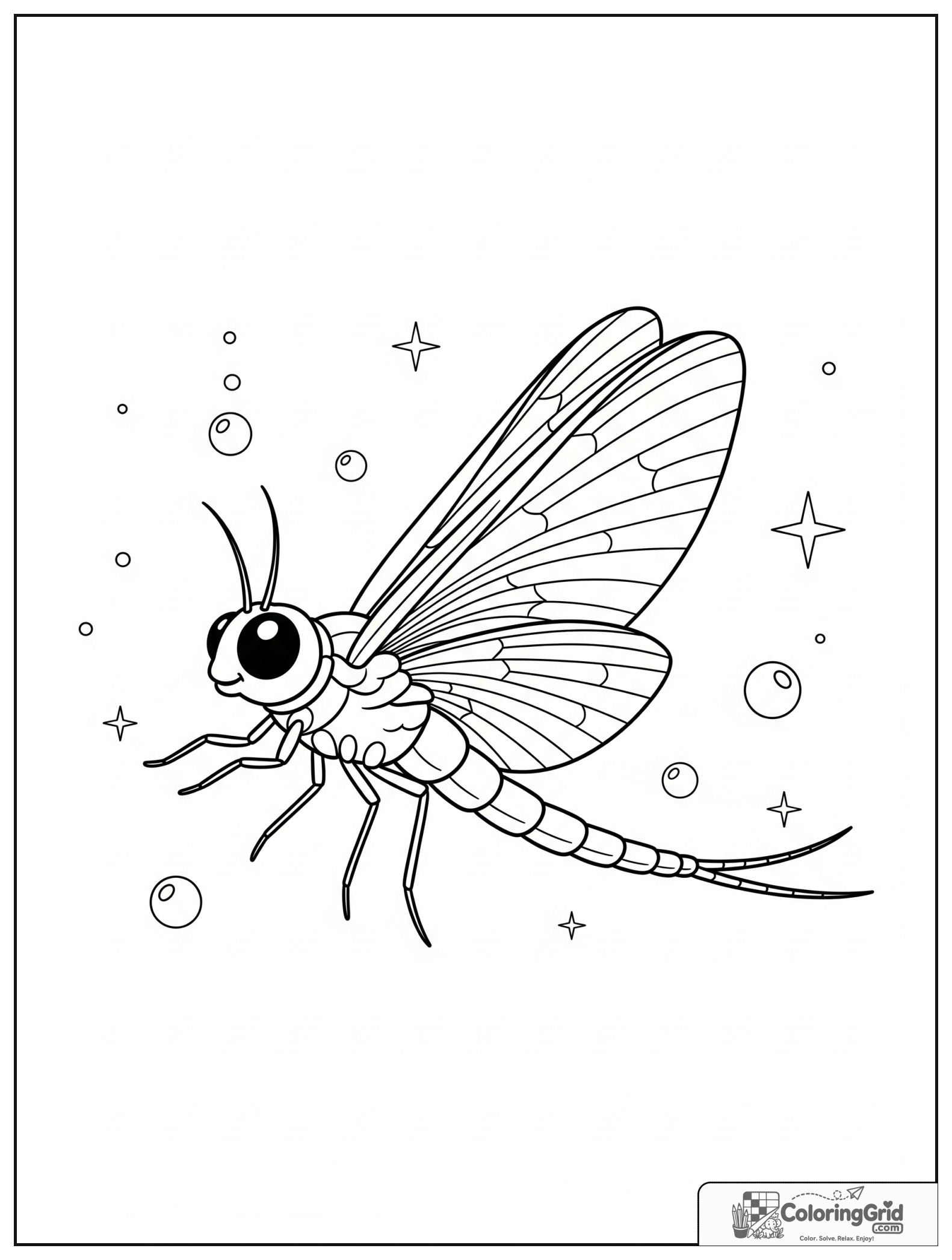 Cute mayfly over water with small bubble and star decorations.