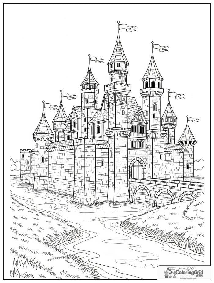 Castle coloring page featuring a medieval castle with a moat.