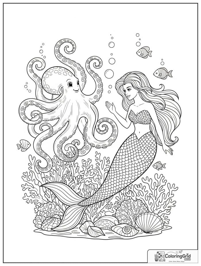 Mermaid coloring page featuring a mermaid and a friendly octopus.
