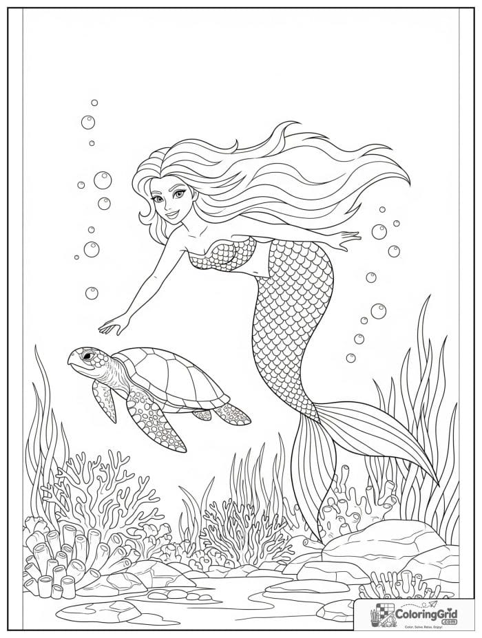 Mermaid coloring page featuring a mermaid and a sea turtle.