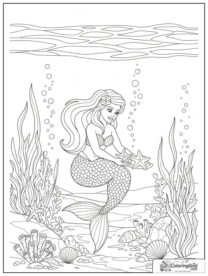 Mermaid coloring page featuring a mermaid collecting starfish.