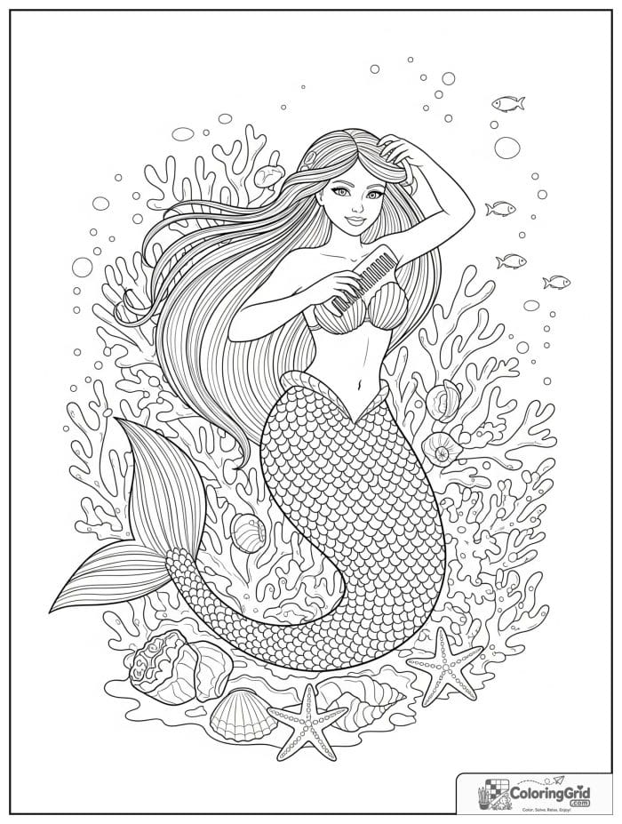 Mermaid coloring page featuring a mermaid combing her hair in a coral reef.