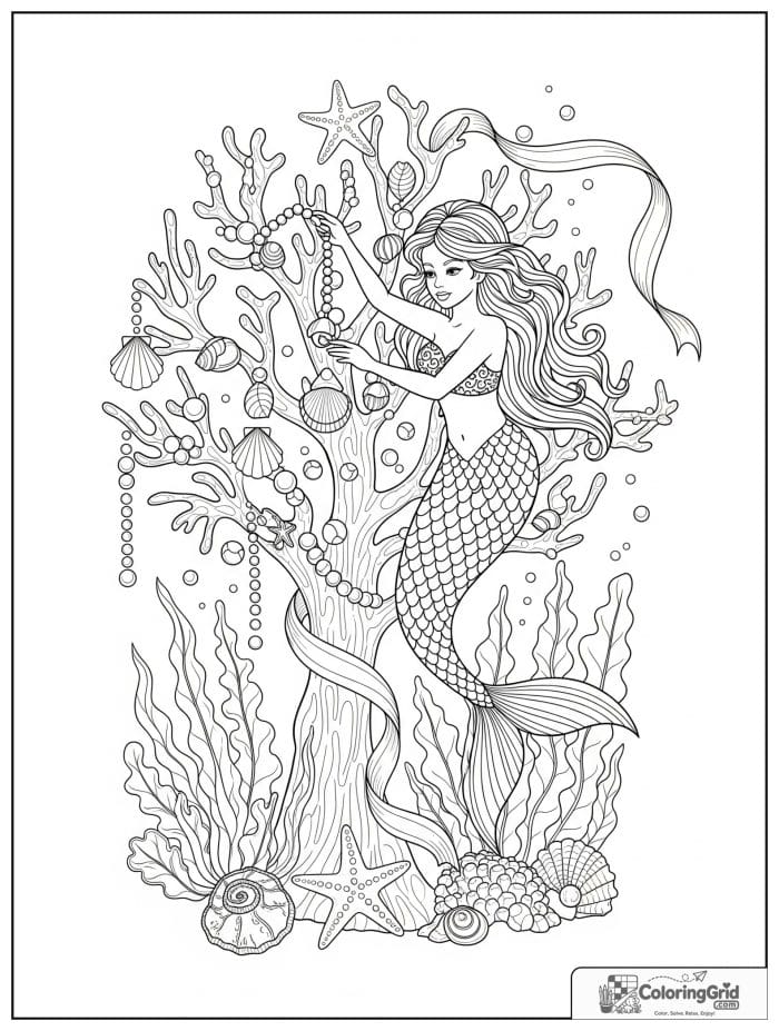 Mermaid coloring page featuring a mermaid decorating a coral tree.