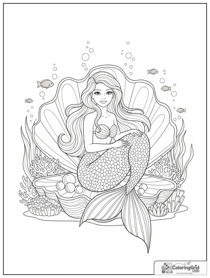 Mermaid coloring page featuring a mermaid sitting in a giant clam shell.