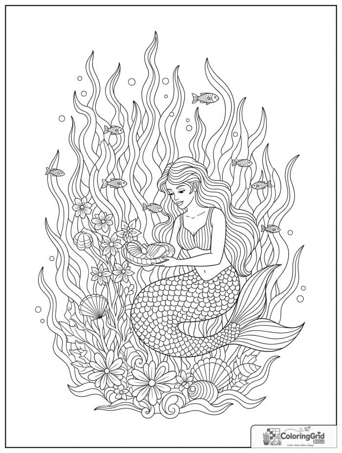 Mermaid coloring page featuring a mermaid in a kelp garden.