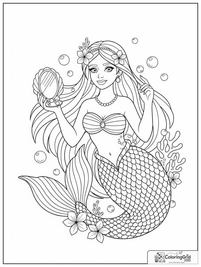 Mermaid coloring page featuring a mermaid looking into a shell mirror.