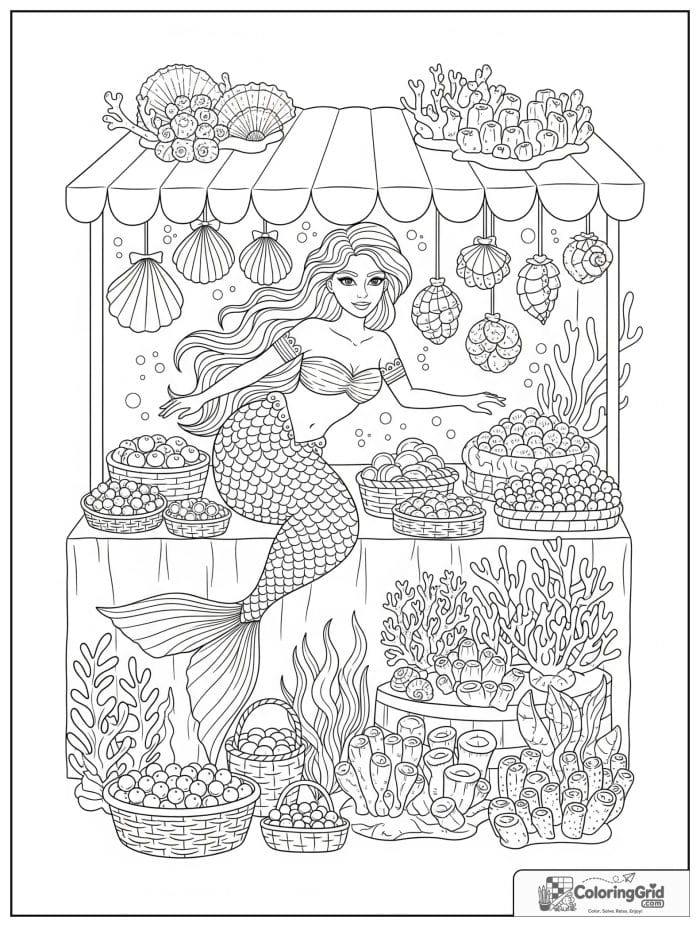 Mermaid coloring page featuring a mermaid at an underwater shell market.