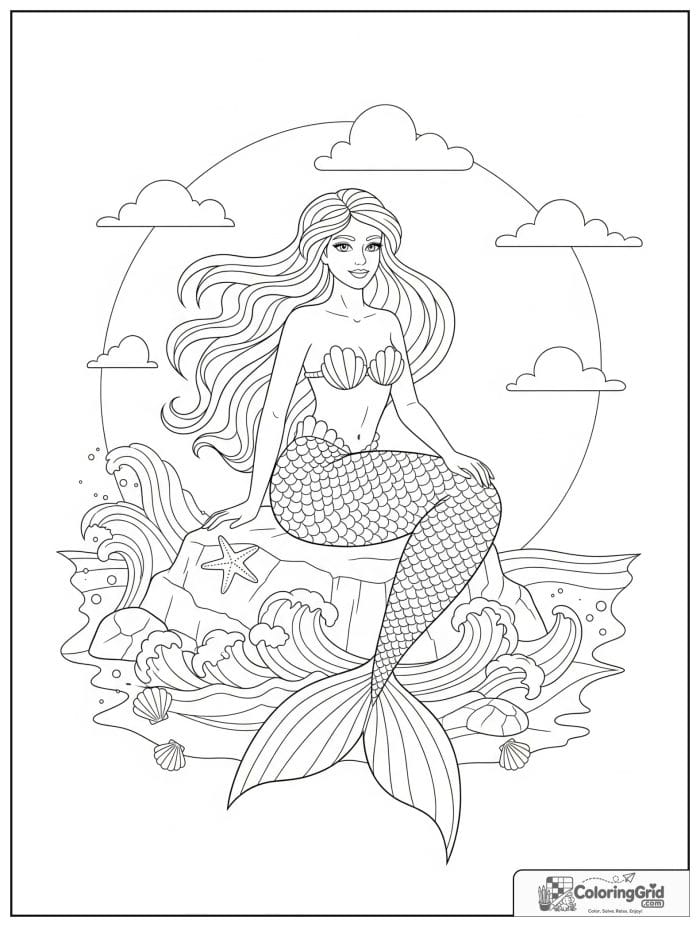 Mermaid coloring page featuring a mermaid sitting on a seaside rock.