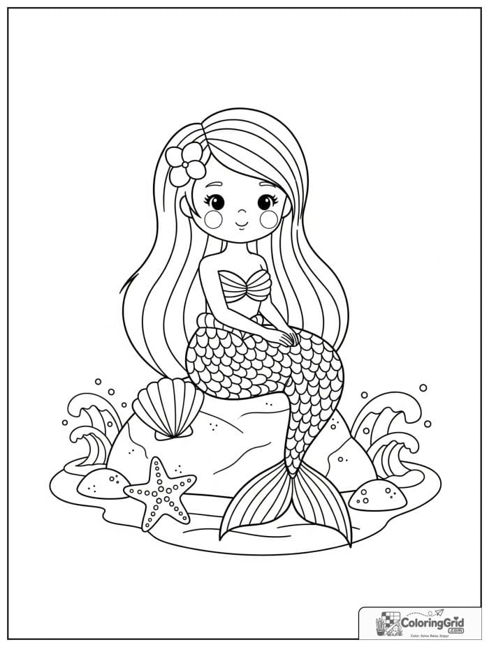 Summer Coloring Pages showing a mermaid on a seaside rock.