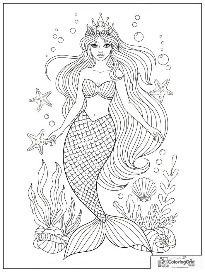 Mermaid coloring page featuring a mermaid wearing a pearl crown.