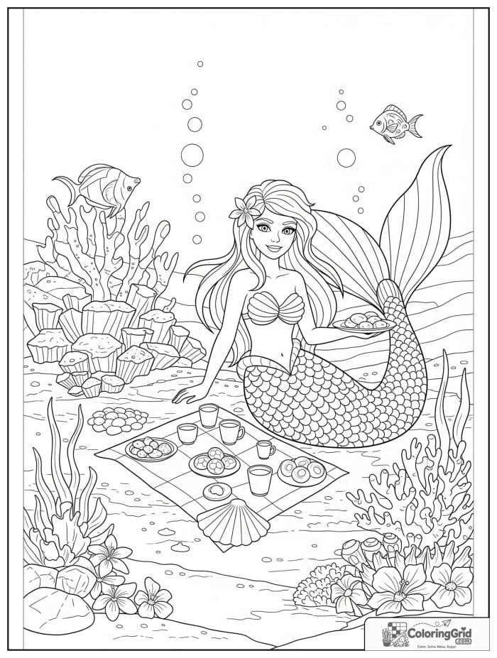 Mermaid coloring page featuring a mermaid picnic on the seabed.