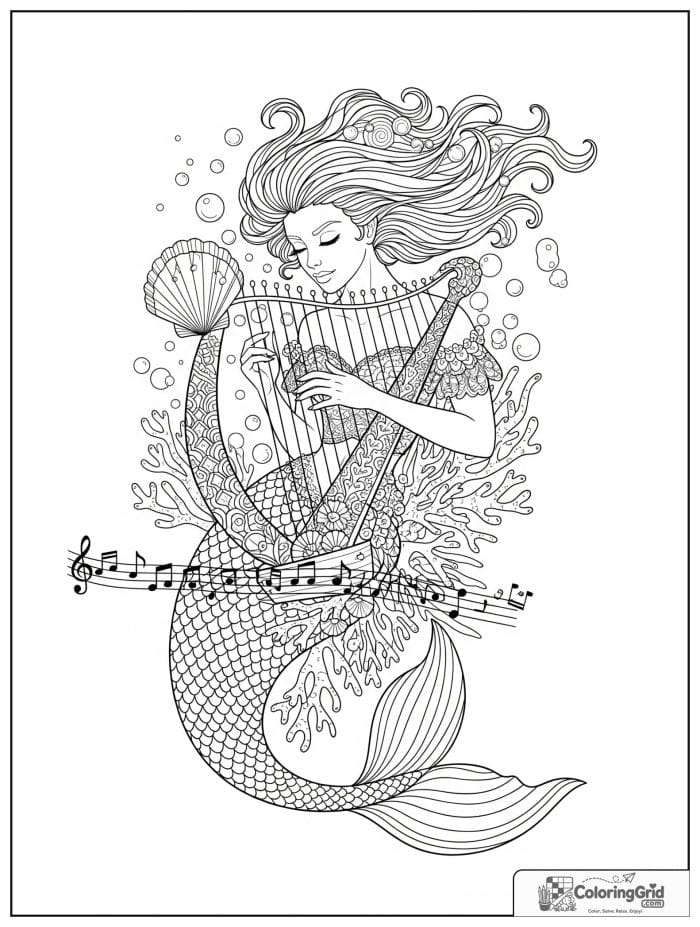 Mermaid coloring page featuring a mermaid playing a harp.