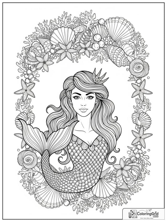Mermaid coloring page featuring a mermaid portrait in a mandala frame.