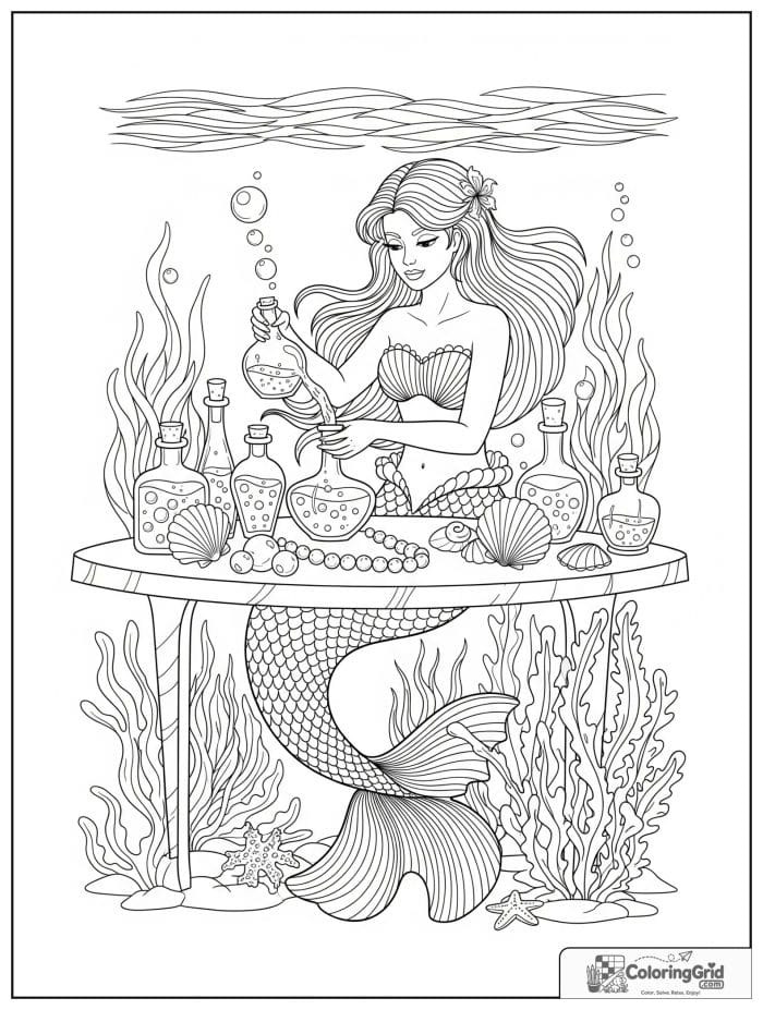 Mermaid coloring page featuring a mermaid making potions underwater.