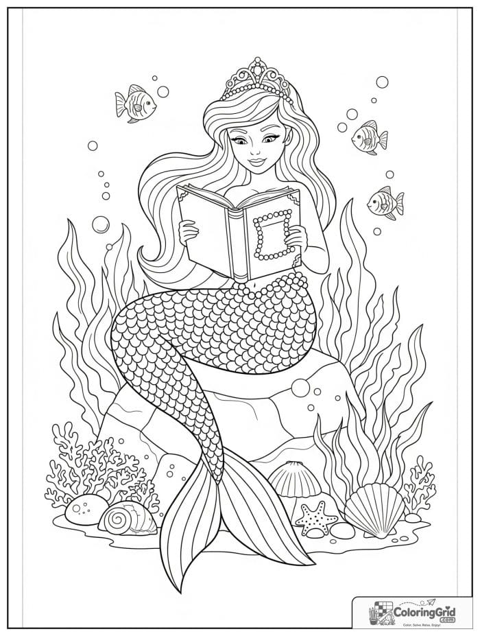 Mermaid coloring page featuring a mermaid reading a pearl decorated book.