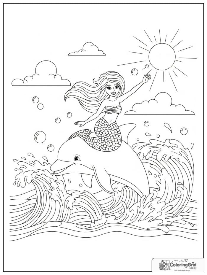 Mermaid coloring page featuring a mermaid riding a dolphin.