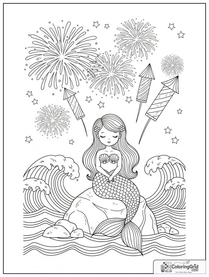 Cute mermaid by the sea watching fireworks.