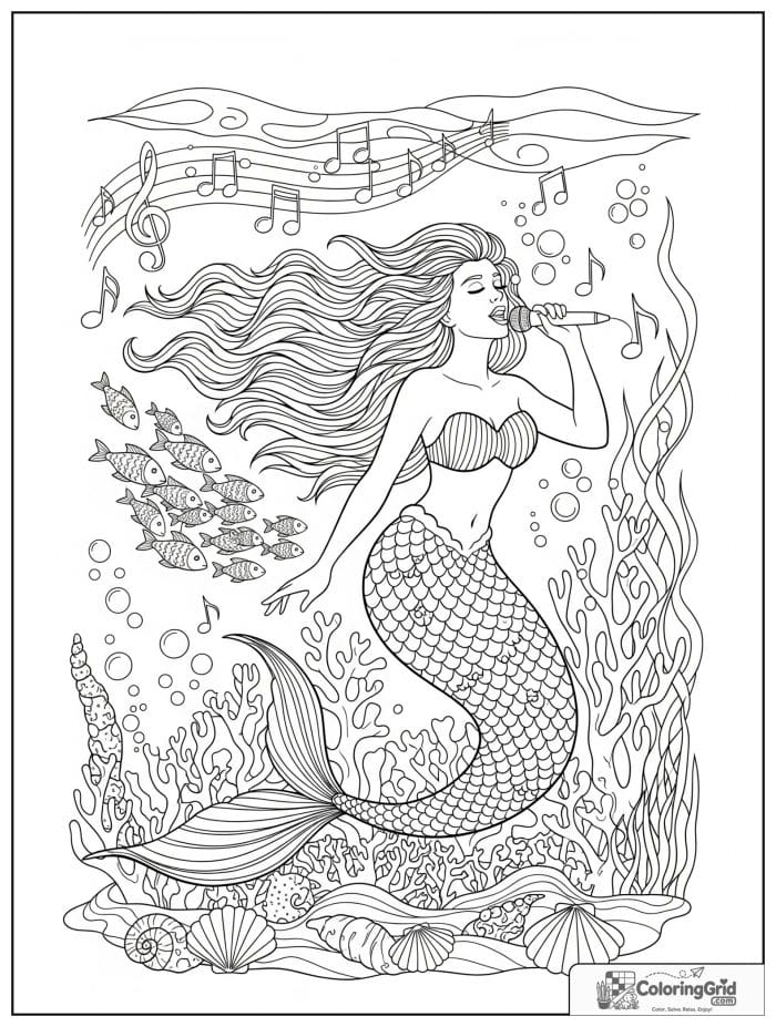 Mermaid coloring page featuring a mermaid singing with fish around her.