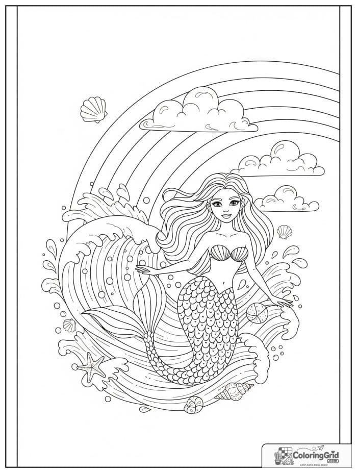 Mermaid coloring page featuring a mermaid surfacing under a rainbow.