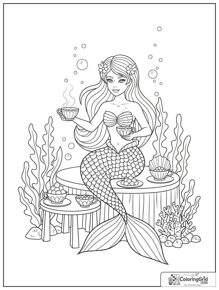 Mermaid coloring page featuring a mermaid tea party with shell cups.