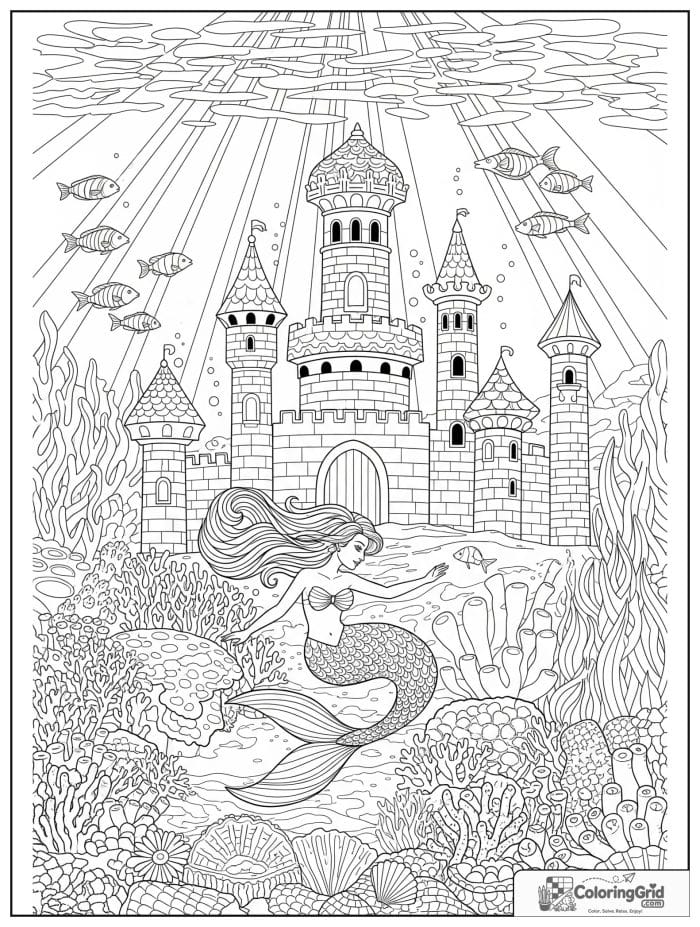 Mermaid coloring page featuring a mermaid in front of an undersea castle.