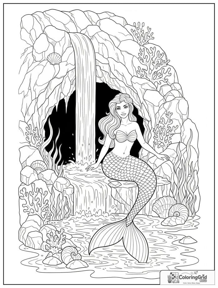 Mermaid coloring page featuring a mermaid near a waterfall cave.